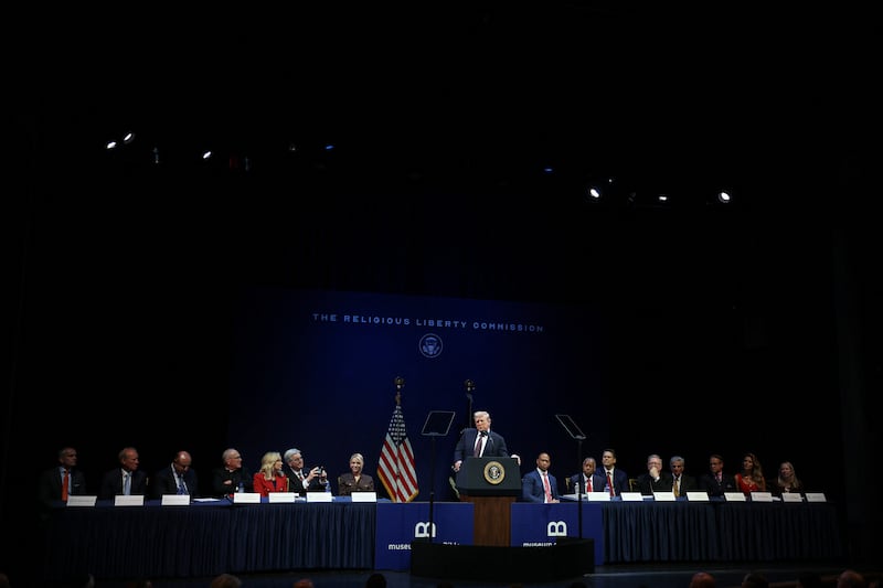 President Donald Trump delivers remarks to his Religious Liberty Commission during a commission meeting at the Museum of the Bible in Washington, D.C.  on September 8, 2025.