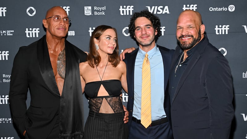 Dwayne Johnson, Emily Blunt, Benny Safdie, Mark Kerr at the "Smashing Machine" premiere at the 2025 Toronto International Film Festival on September 08, 2025 in Toronto, Ontario.
