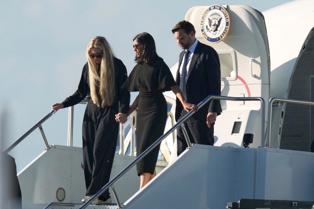 Vice President JD Vance, Second Lady Usha Vance, and Erika Kirk deplane Air Force Two on Thursday, Sept. 11, 2025.