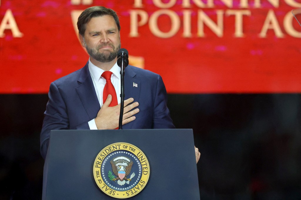 Vice President JD Vance speaks during a memorial service for Charlie Kirk on September 21, 2025. 