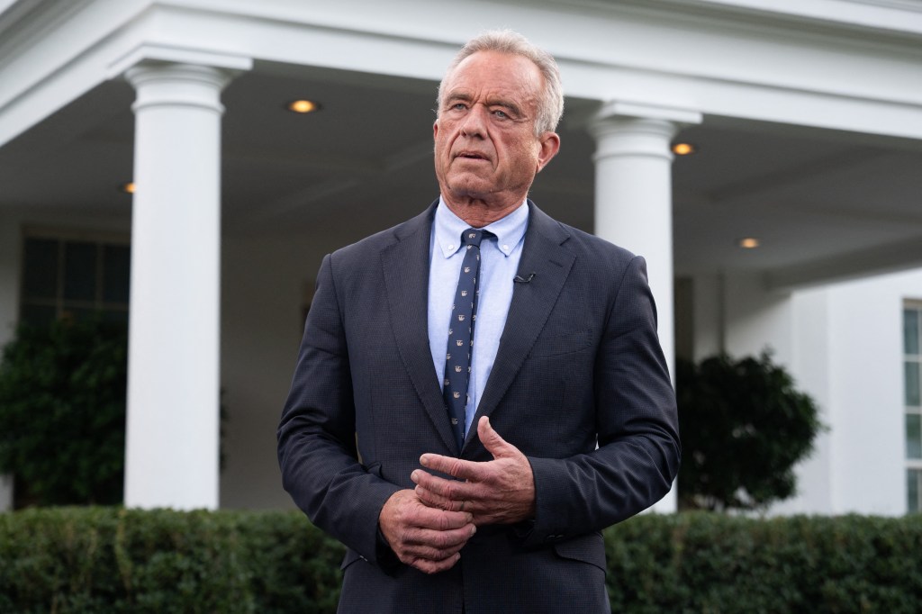 US Secretary of Health and Human Services Robert F. Kennedy Jr. prepares for a television interview outside of the West Wing of the White House.