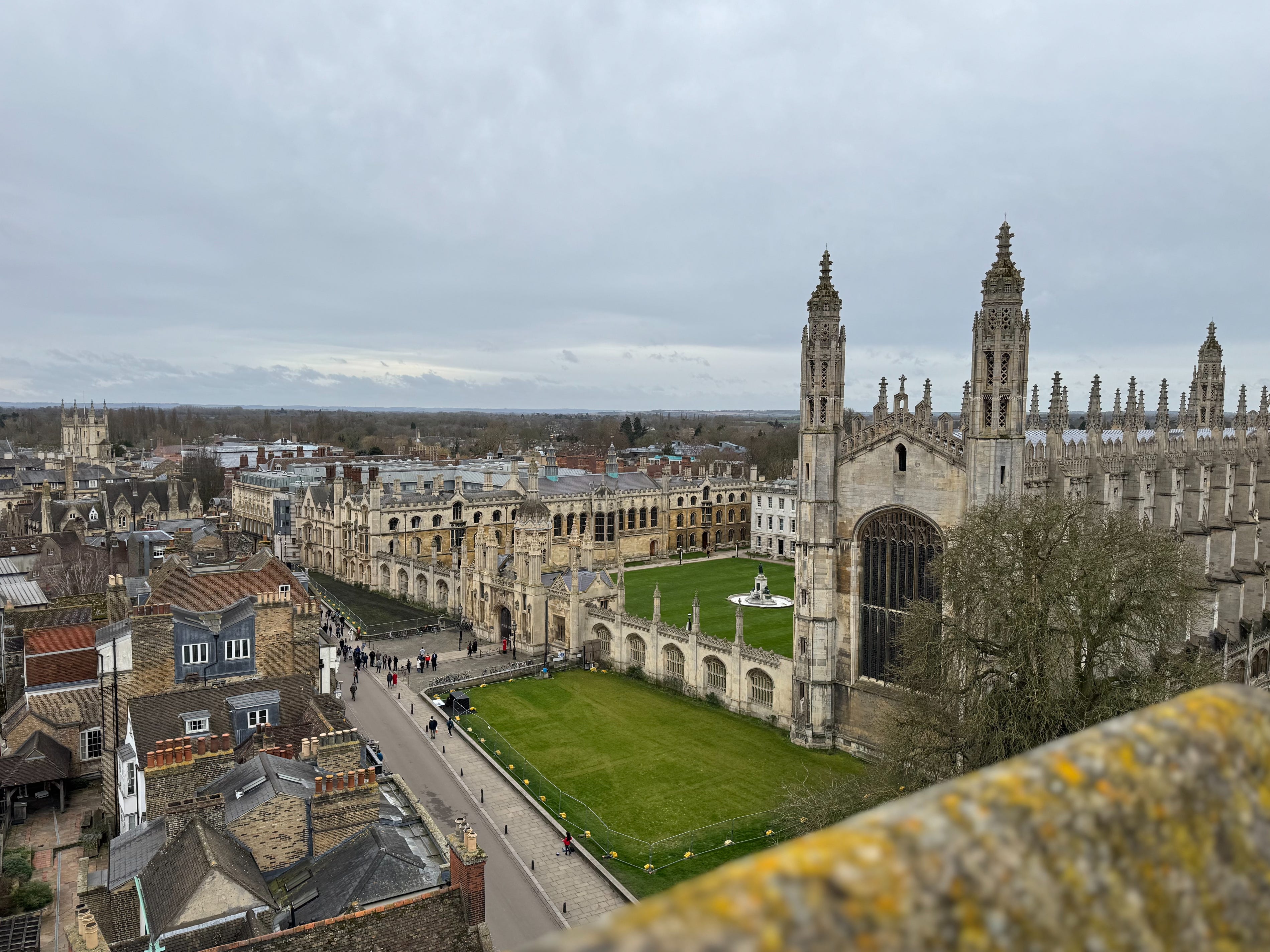 A wide-shot view of Cambridge, England, from a rooftop.