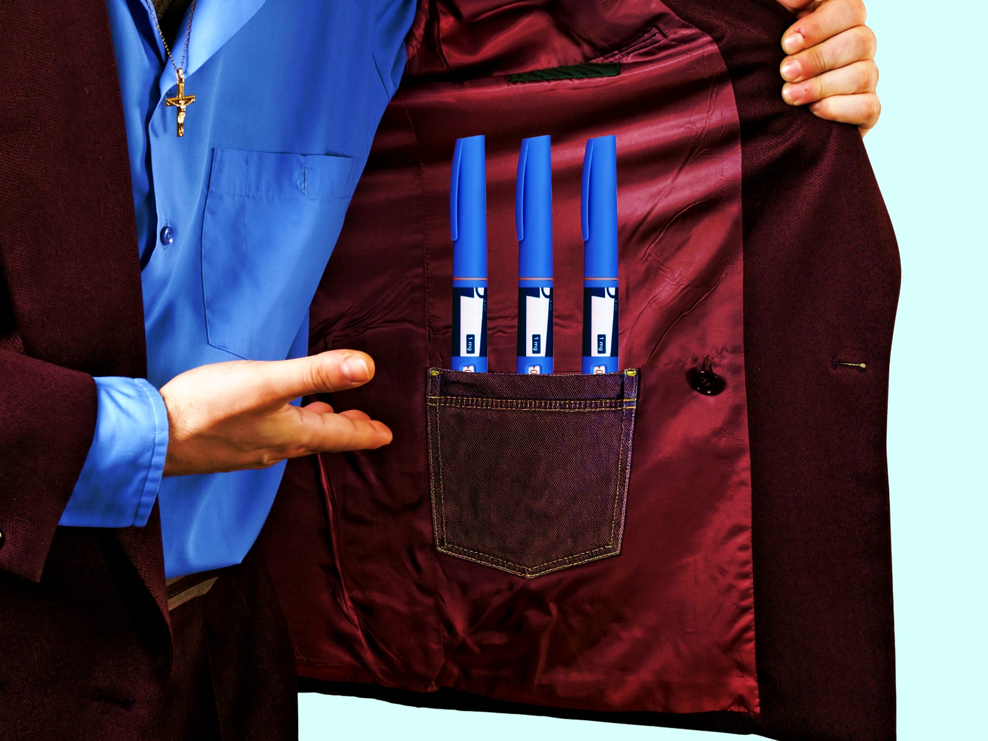 Sleazy dealer wearing an open jacket, revealing counterfeit Ozempic pens in his pocket.
