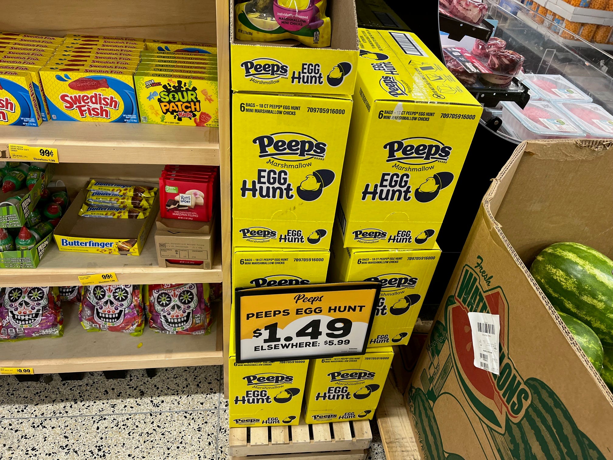 Bags of individually-packaged Peeps sit in a display at Grocery Outlet for $1.49 each.