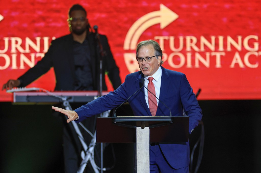 Dr. Frank Turek speaks during the memorial service for Charlie Kirk.