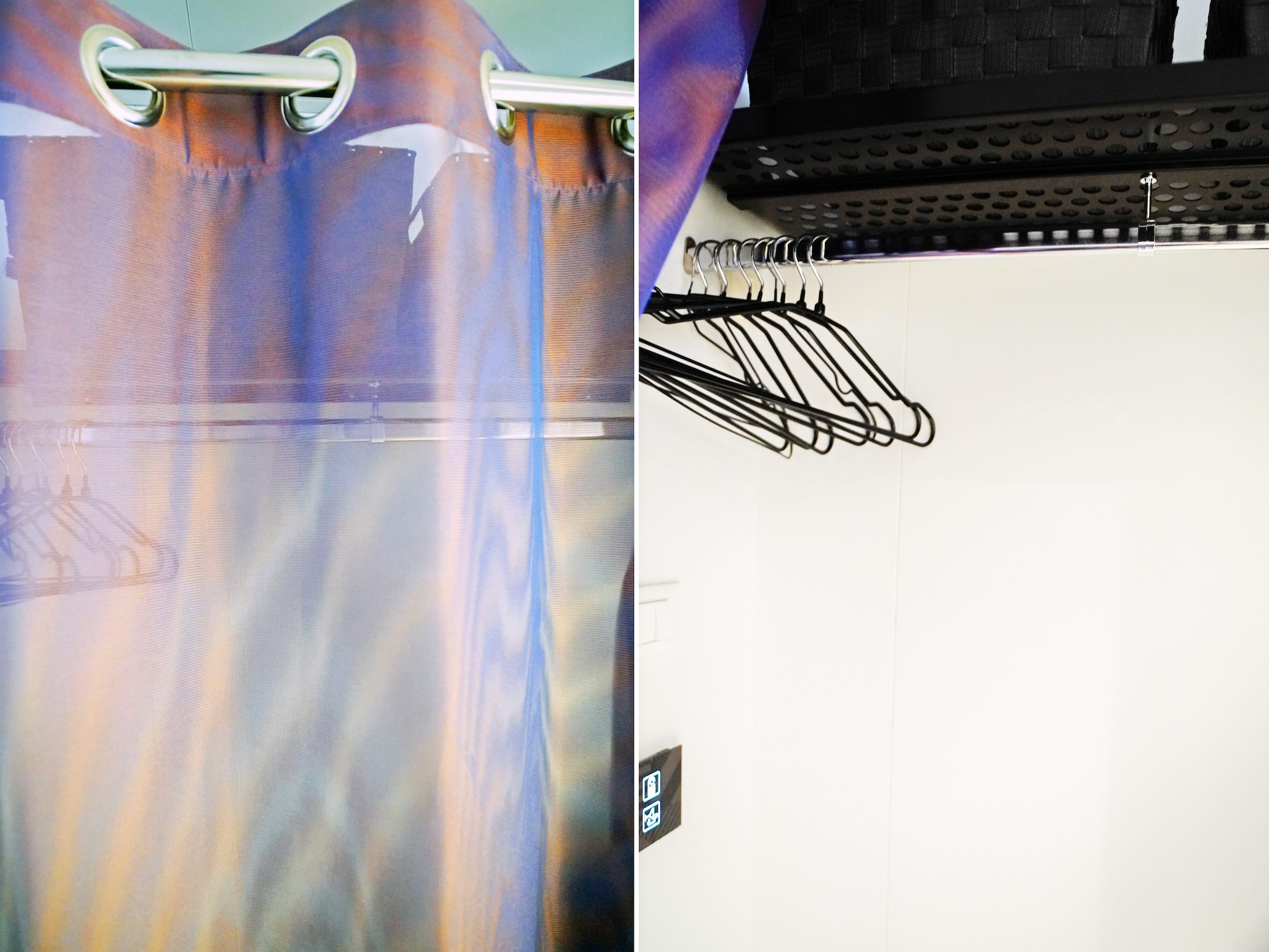 Left: A sheer purple closed curtain. Right: The same curtain open on the right with a line of black hangers behind it.
