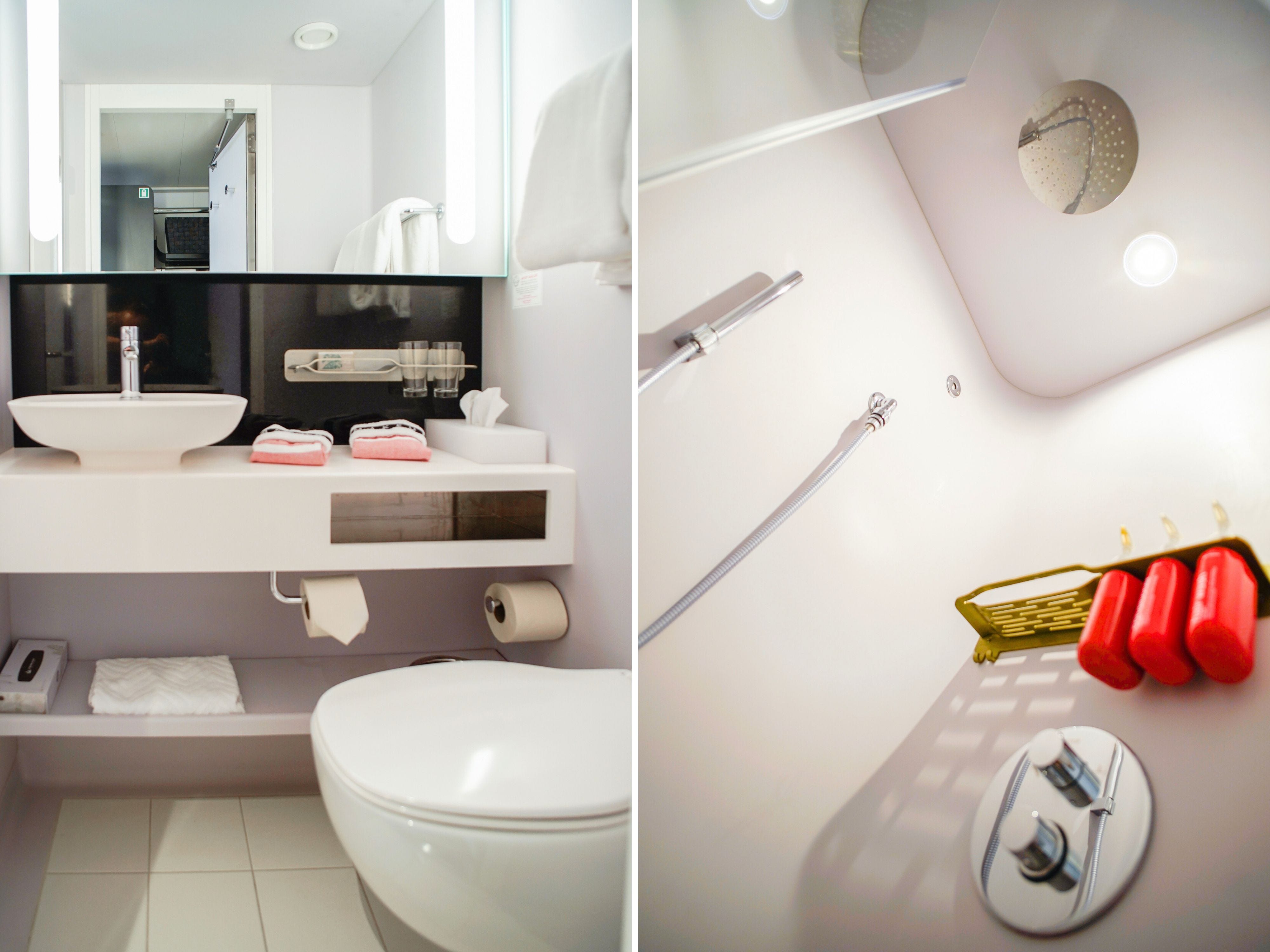 A composite image of a cruise cabin bathroom and the shower