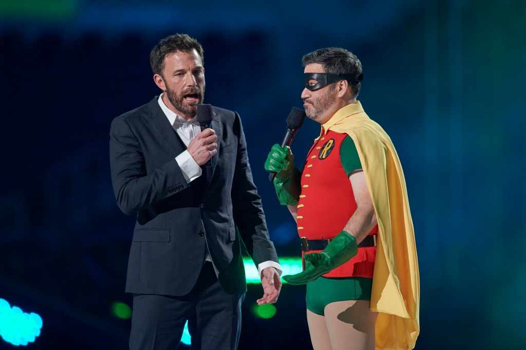 Ben Affleck and Jimmy Kimmel speak at Global Citizenâs Vax Live at SoFi Stadium in Inglewood, California on May 2, 2021.