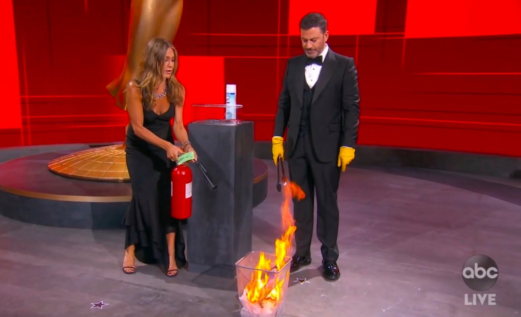 Jimmy Kimmel and Jennifer Aniston on his late night show.