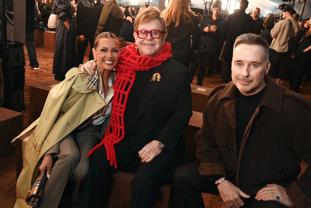 Vanessa Williams, Sir Elton John and David Furnish attend the Burberry Summer 2026 show during London Fashion Week