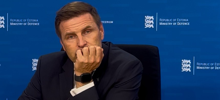 Estonia's defense minister, Hanno Pevkur, answers questions from reporters, Sept. 22, 2025. 