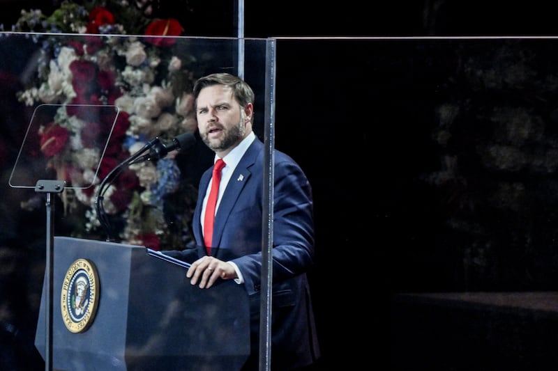 Vice President J.D. Vance speaks during a memorial service for conservative commentator Charlie Kirk at State Farm Stadium in Glendale, Arizona on September 21, 2025.