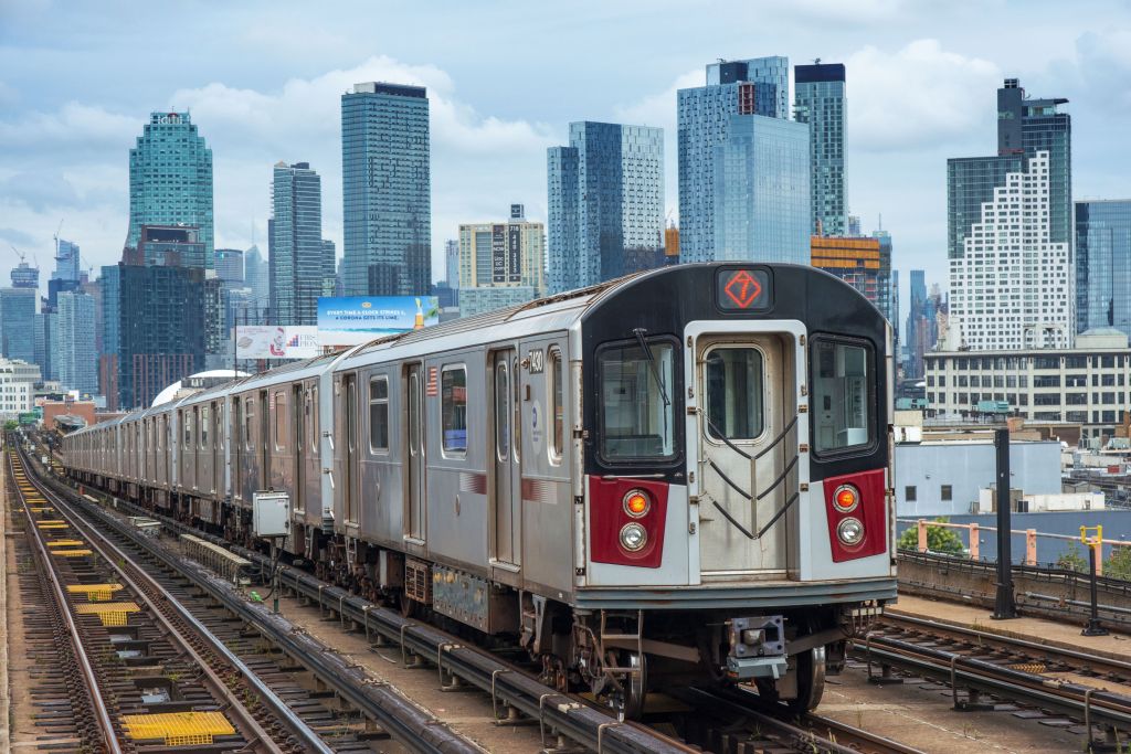 An elevated 7 train in Corona, Queens, New York.
