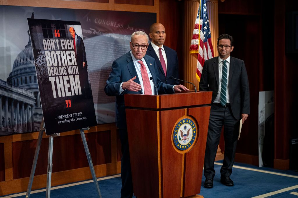 Senate Minority Leader Chuck Schumer, D-NY, speaks during a press conference after the Senate failed to pass the House stopgap funding bill and Democrat alternative with healthcare provisions at the U.S. Capitol in Washington, DC on Friday, September 19, 2025
