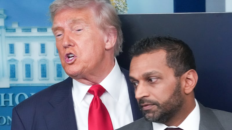 WASHINGTON, DC - AUGUST 11: FBI Director Kash Patel (R) attends a press conference with U.S. President Donald Trump in the James S. Brady Press Briefing Room of the White House August 11, 2025 in Washington, DC. Trump announced he will use his authority to place the DC Metropolitan Police Department under federal control to assist in crime prevention in the nation’s capital, and that the National Guard will be deployed to DC. (Photo by Andrew Harnik/Getty Images)