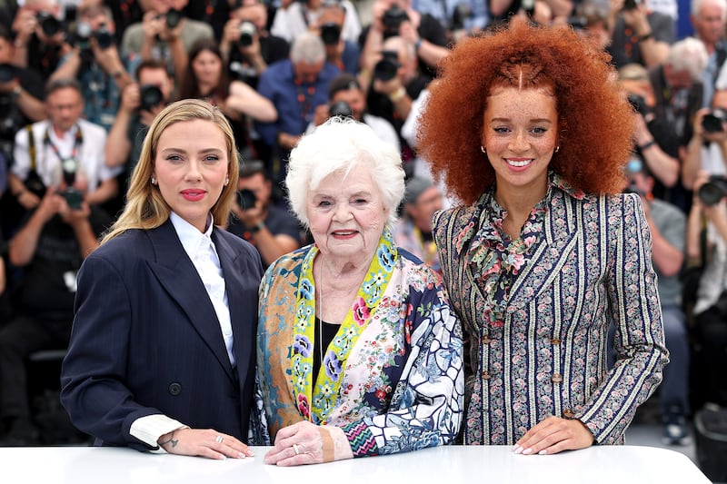 Scarlett Johansson, June Squibb and Erin Kellyman pose during the "Eleanor The Great" photocall at the 78th annual Cannes Film Festival at Palais des Festivals on May 21, 2025 in Cannes, France.