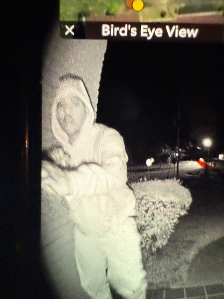 Security camera footage shows a suspect in a hooded sweatshirt at night.