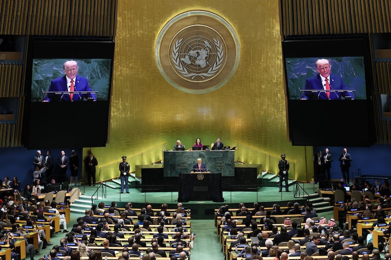 NEW YORK, NEW YORK - SEPTEMBER 23: U.S. President Donald Trump speaks during the United Nations General Assembly (UNGA) at the United Nations headquarters on September 23, 2025 in New York City. World leaders convened for the 80th Session of UNGA, with this year’s theme for the annual global meeting being “Better together: 80 years and more for peace, development and human rights.”  (Photo by Michael M. Santiago/Getty Images)