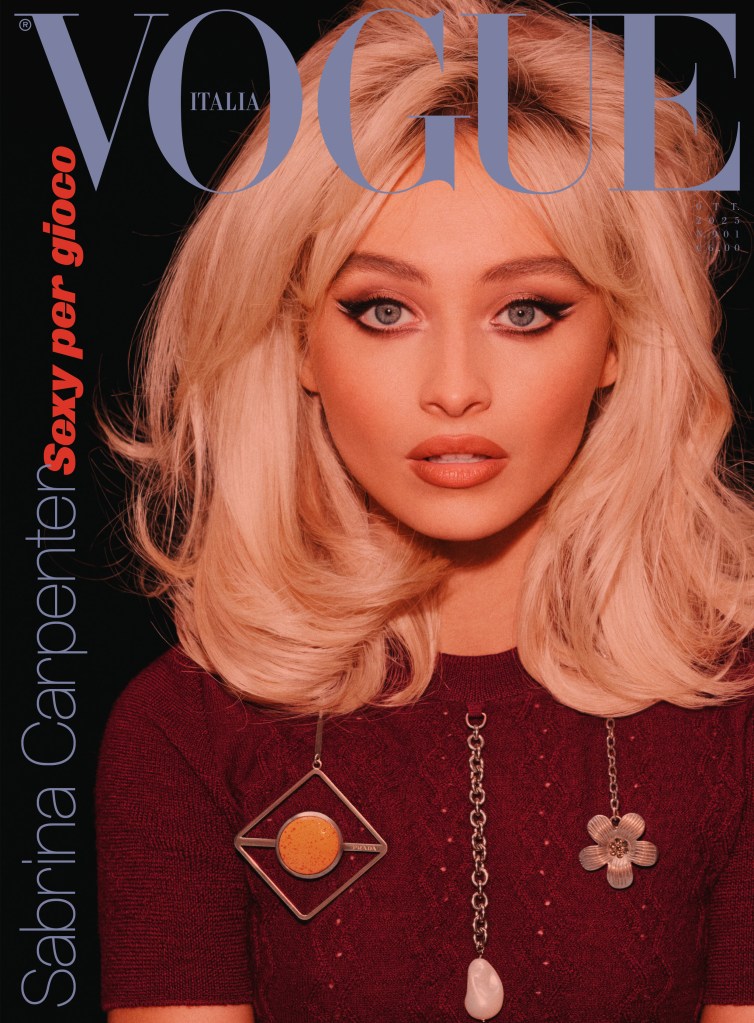 Sabrina Carpenter wears Prada on the cover of Vogue Italia's October 2025 issue.