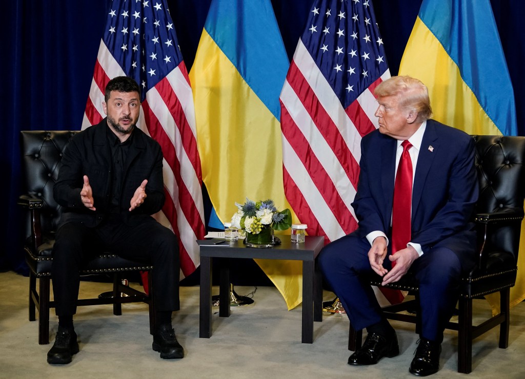 President Donald Trump meets with Ukrainian President Volodymyr Zelenskiy during the 80th United Nations General Assembly, in New York City, New York, U.S., September 23, 2025. 