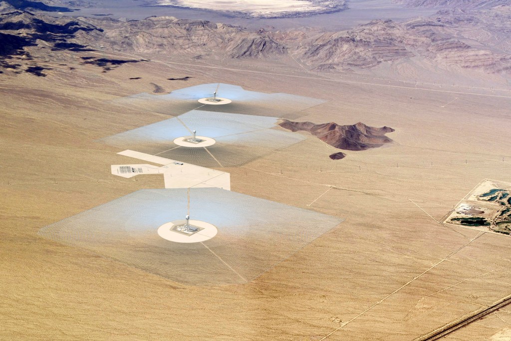 Illustration of BrightSource Energy Inc.'s Ivanpah Solar Electric Generating System in the Mojave Desert.