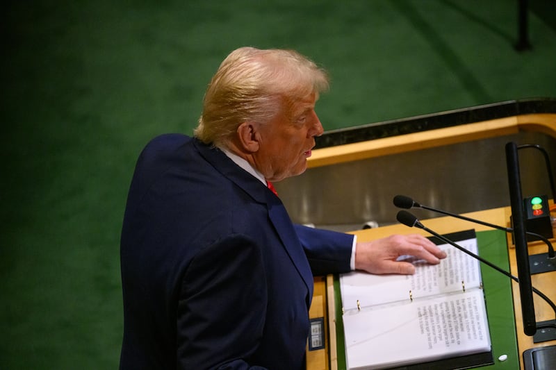 President Donald Trump speaks with his speech in front of him at the U.N. General Assembly's 80th session on September 23, 2025 in New York City.