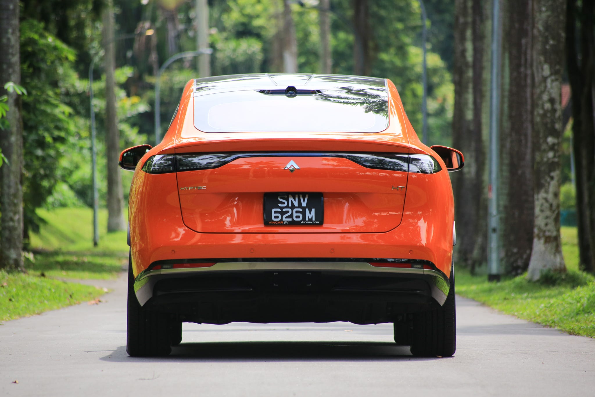 The Hyptec HT, Chinese EV, photographed from behind.