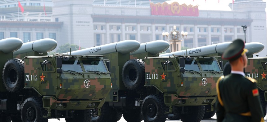 Armored vehicles in a military parade marking the 80th anniversary of victory over Japan and the end of World War II, in Tiananmen Square on September 3, 2025, in Beijing, China. 