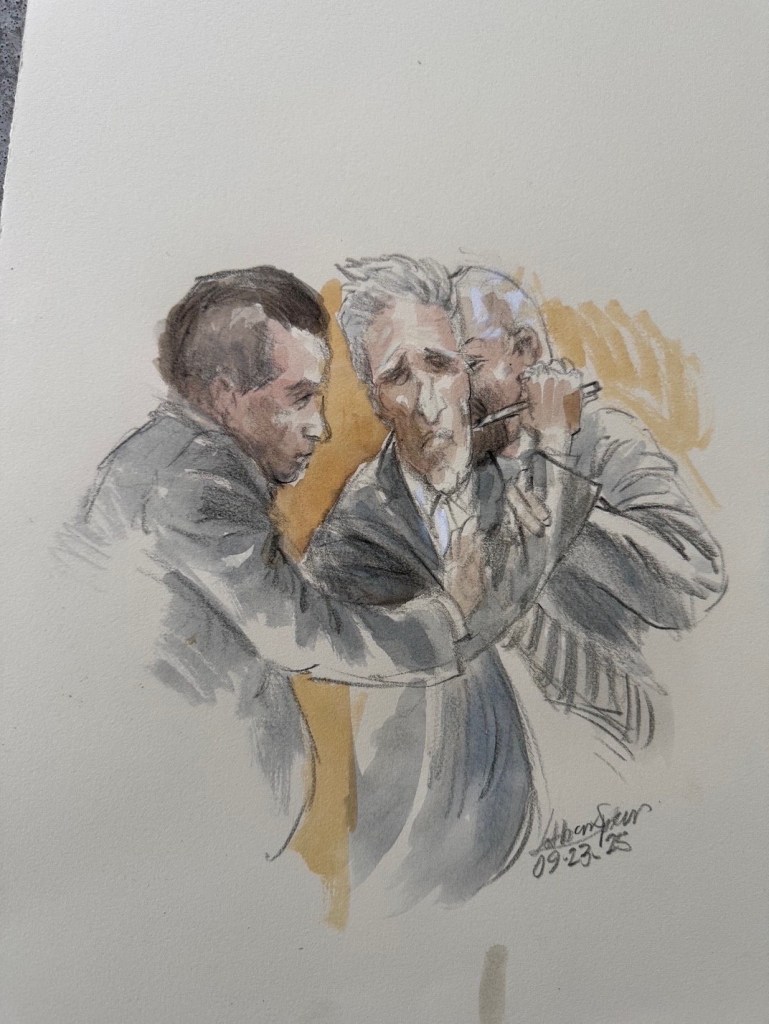 Routh, 59, appears to try to stab himself with a pen after the verdict is read finding him guilty for the attempted assassination of Donald Trump