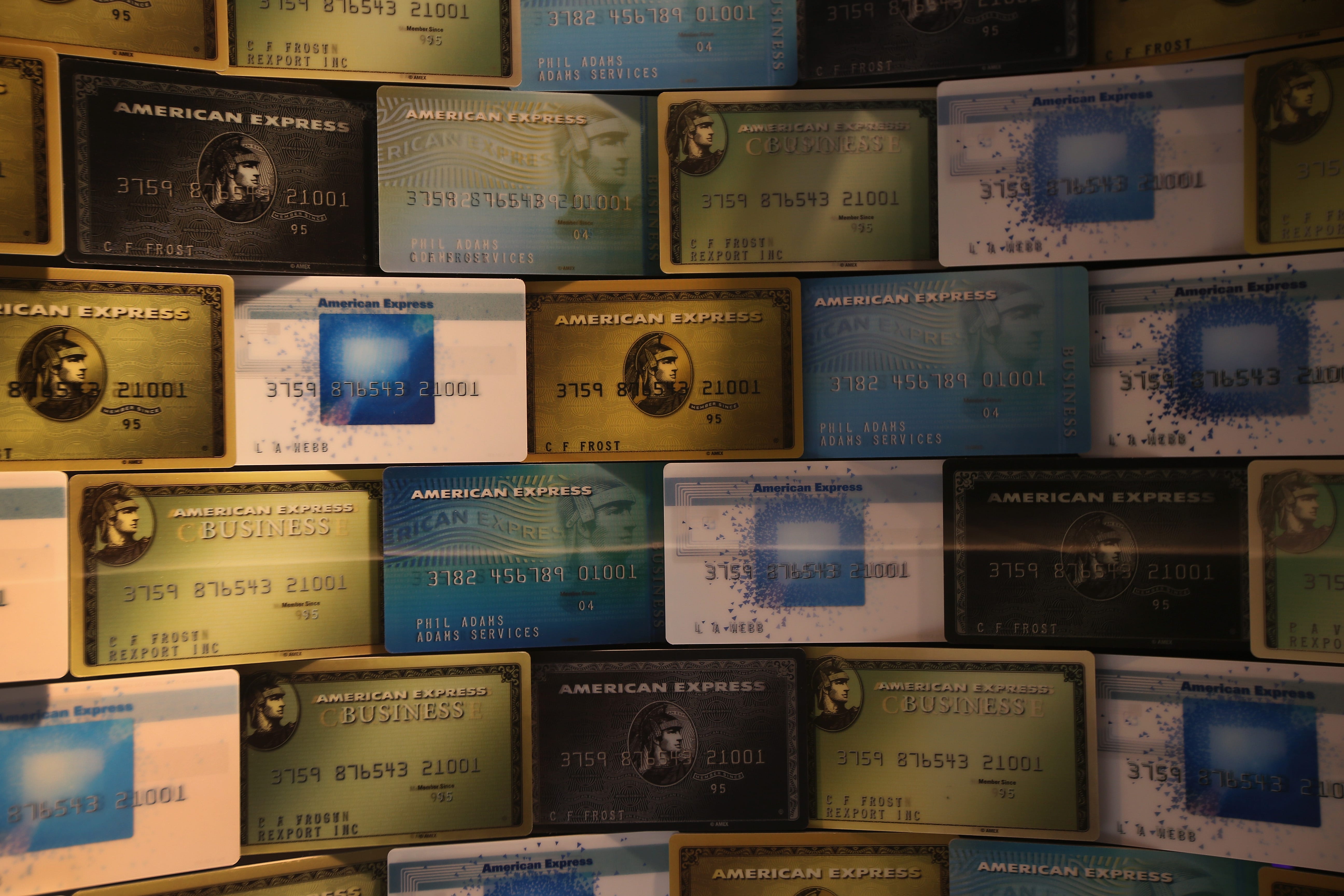 Credit cards fill a display at American Express headquarters
