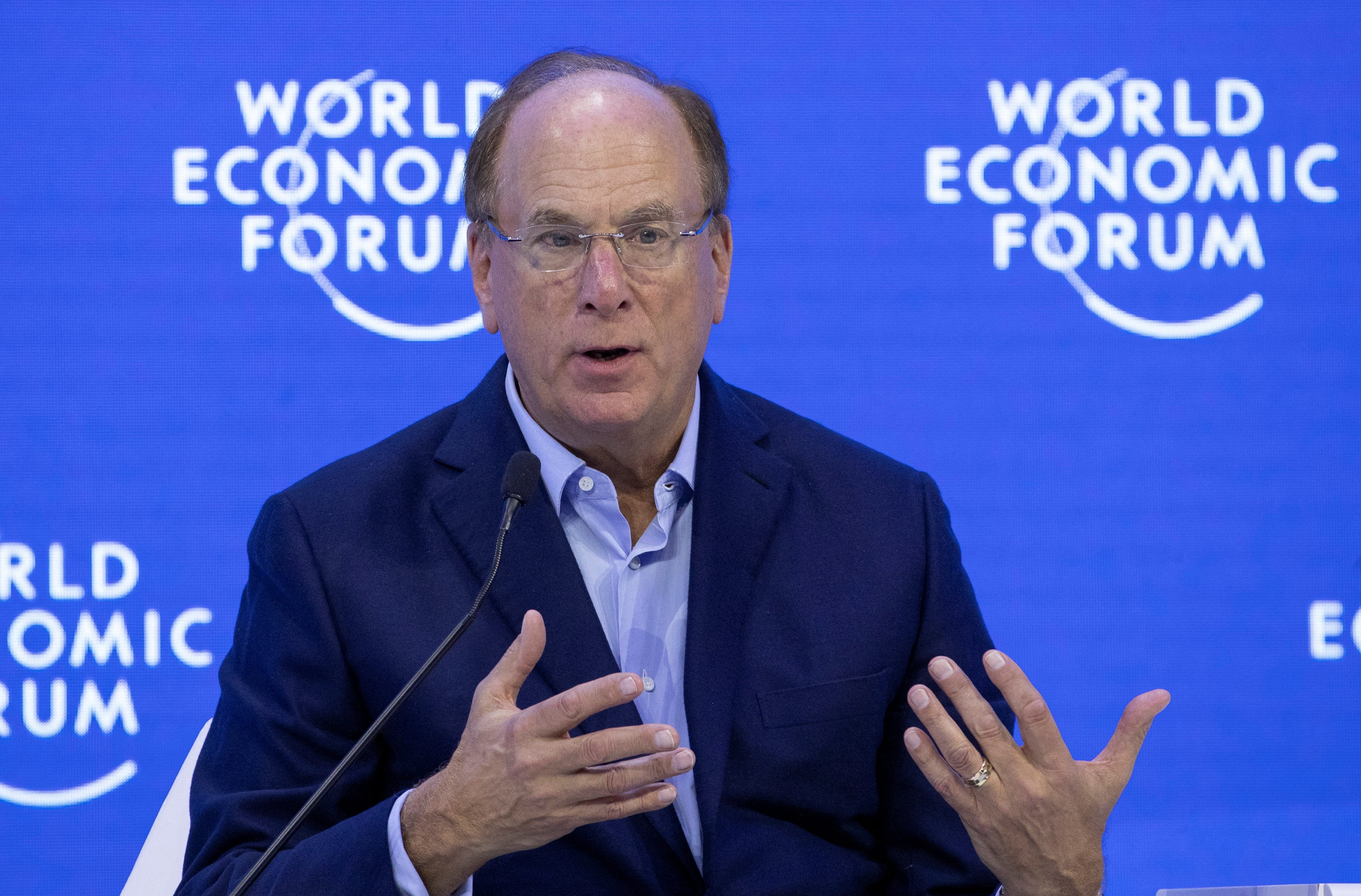 BlackRock CEO Larry Fink gestures during a panel discussion in January 2023. He is in front of a blue background.