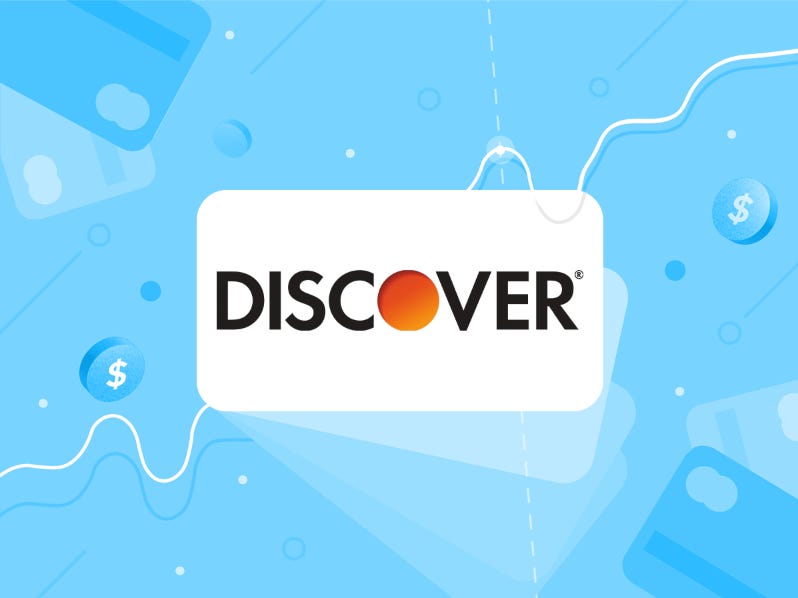 The Discover logo in front of a light blue background with credit cards and coins, representing Discover CD rates.