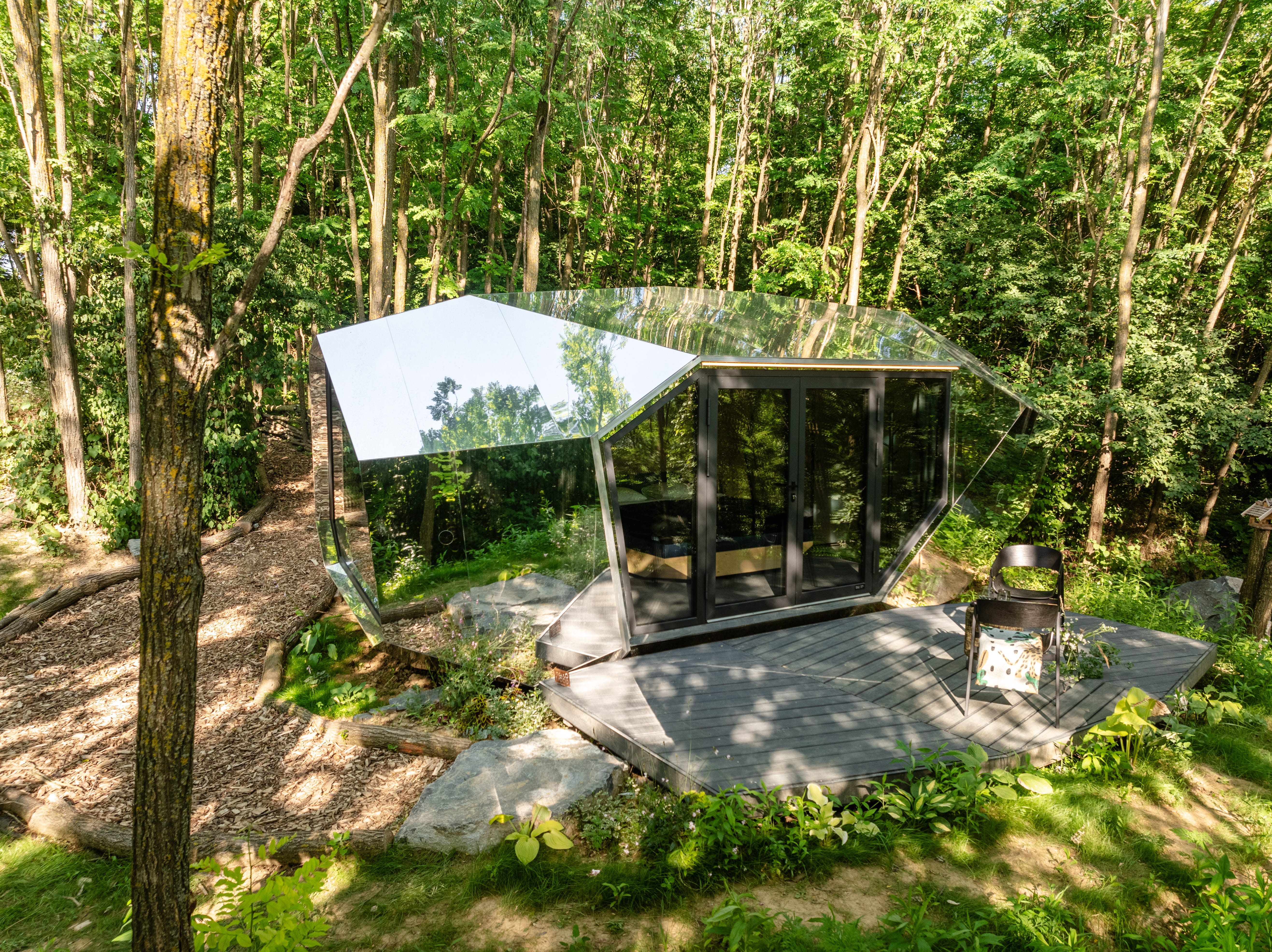 An aerial view of Hello Wood's Pebl Grand tiny cabin.