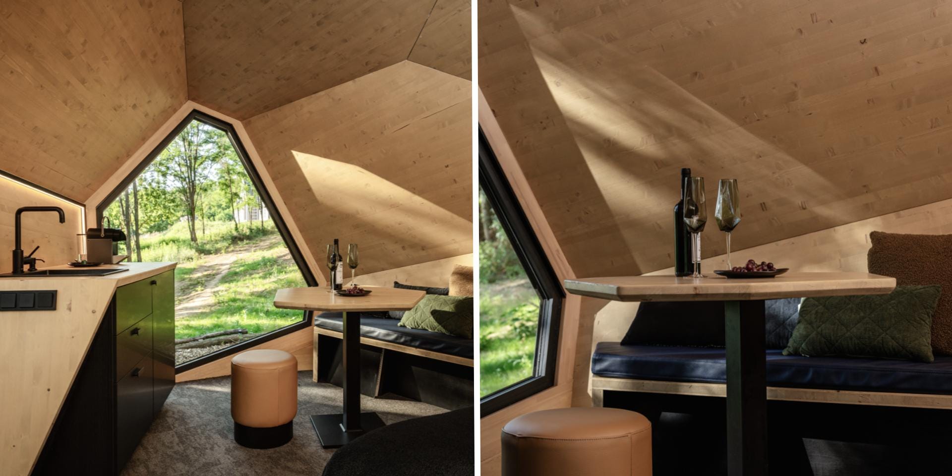 The lounge, dining room, and kitchen of the Pebl Grand tiny home.