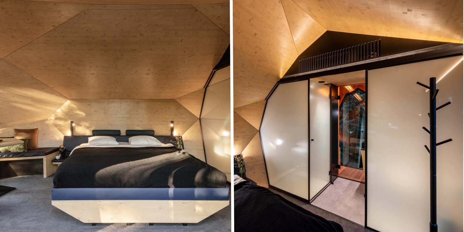 A side-by-side image of sleeping quarters and bathroom area on Pebl Grand tiny home.
