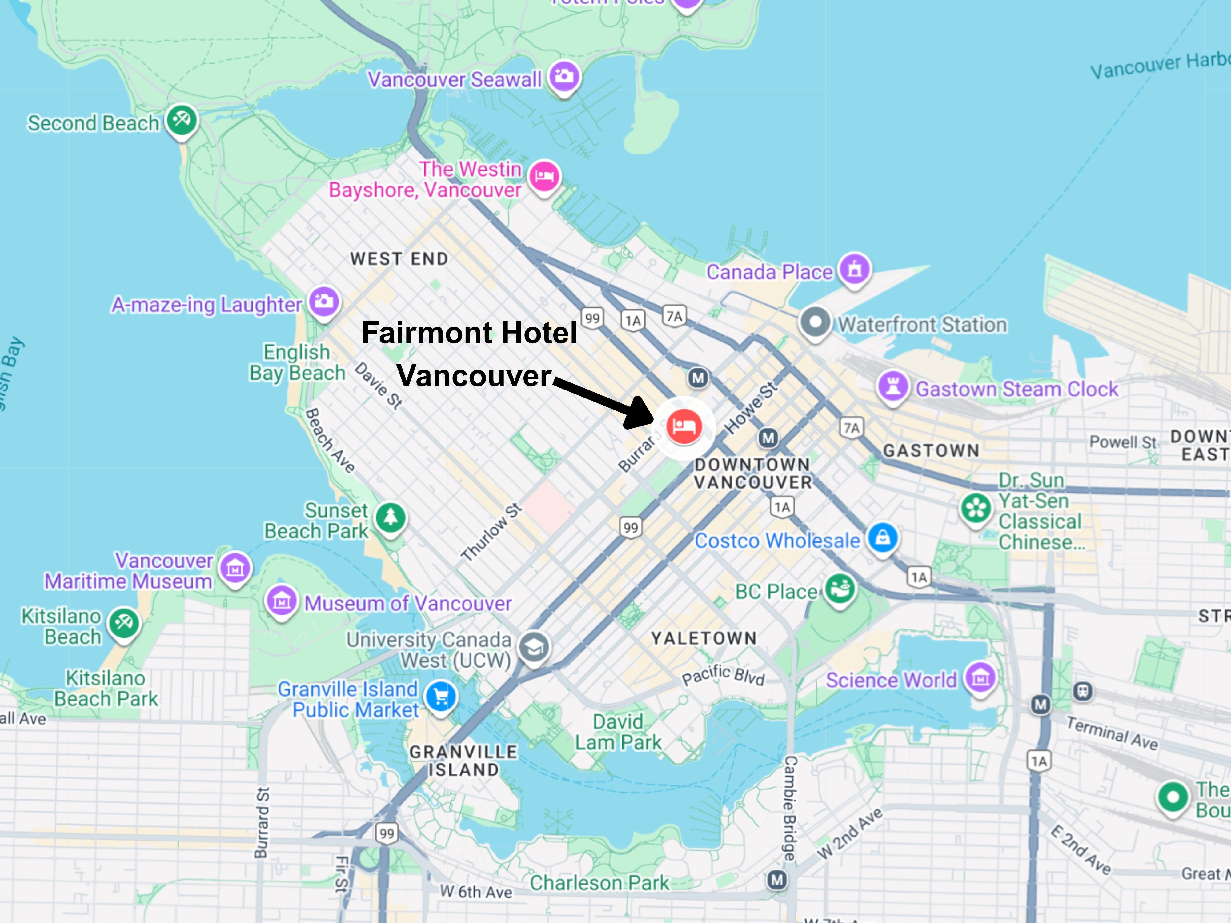 A map of Vancouver with an arrow pointing to the Fairmont Hotel Vancouver