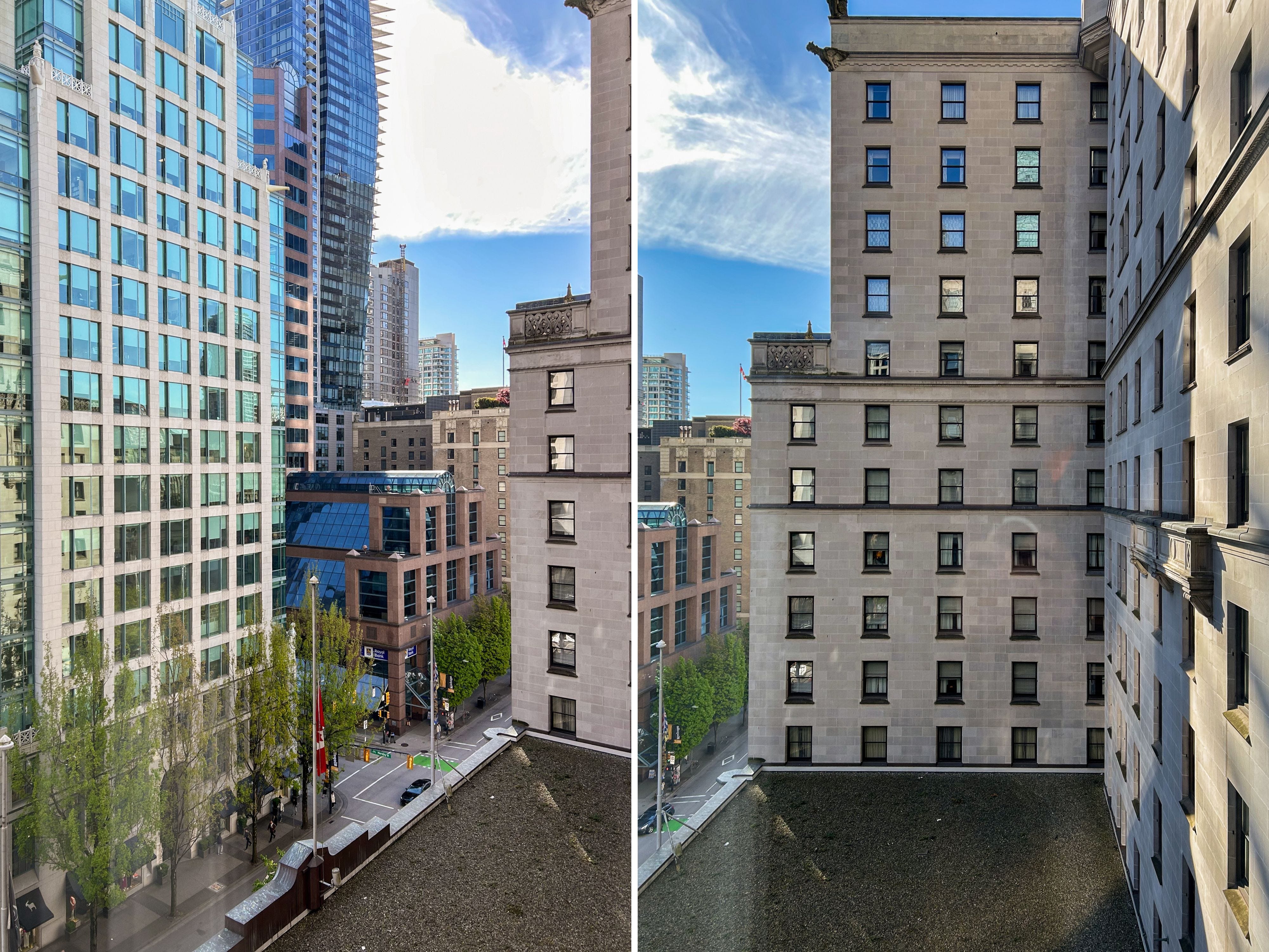 A composite image of downtown Vancouver views seen from a hotel window