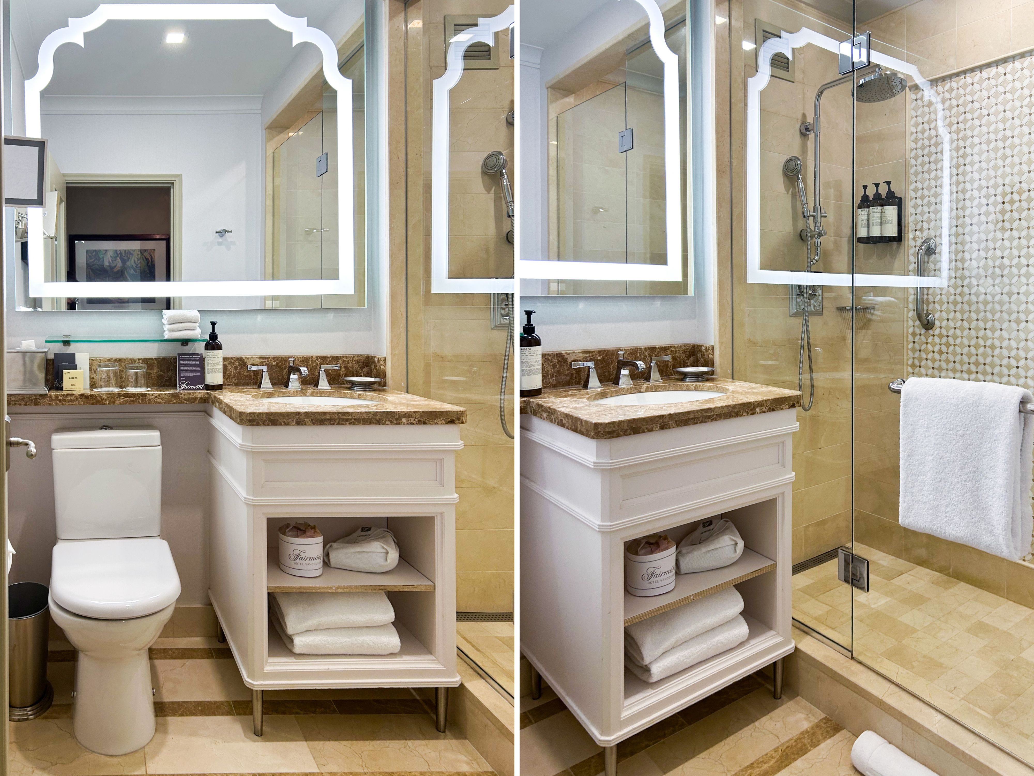 A composite image of a hotel bathroom seen from two different angles