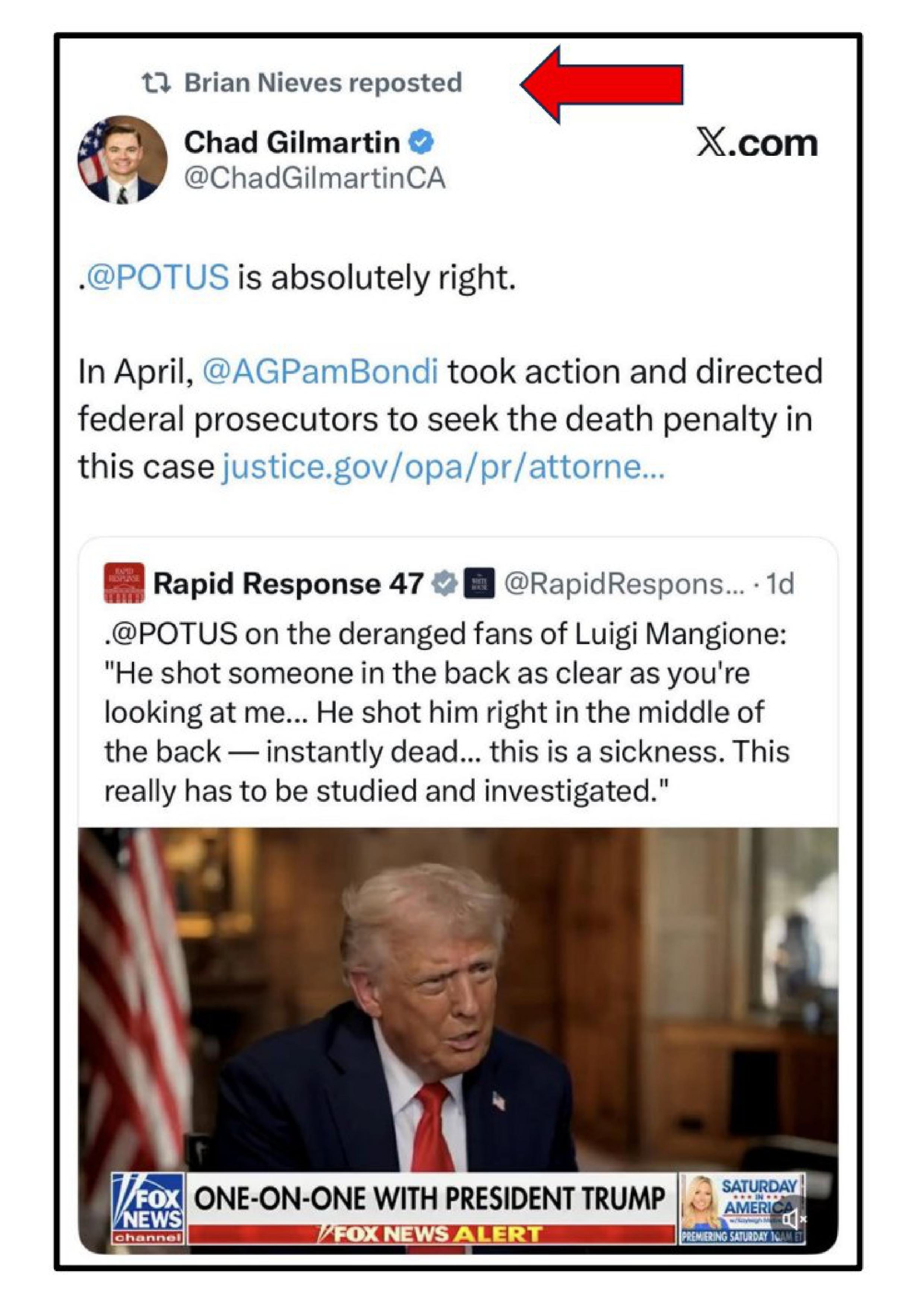 An X post, since deleted, in which two DOJ officials amplified a statement in which President Trump said Luigi Mangione 