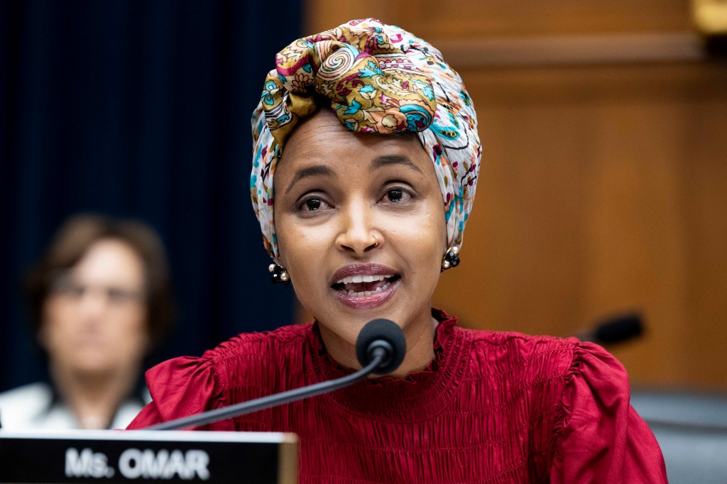 Representative Ilhan Omar speaking at a congressional hearing.