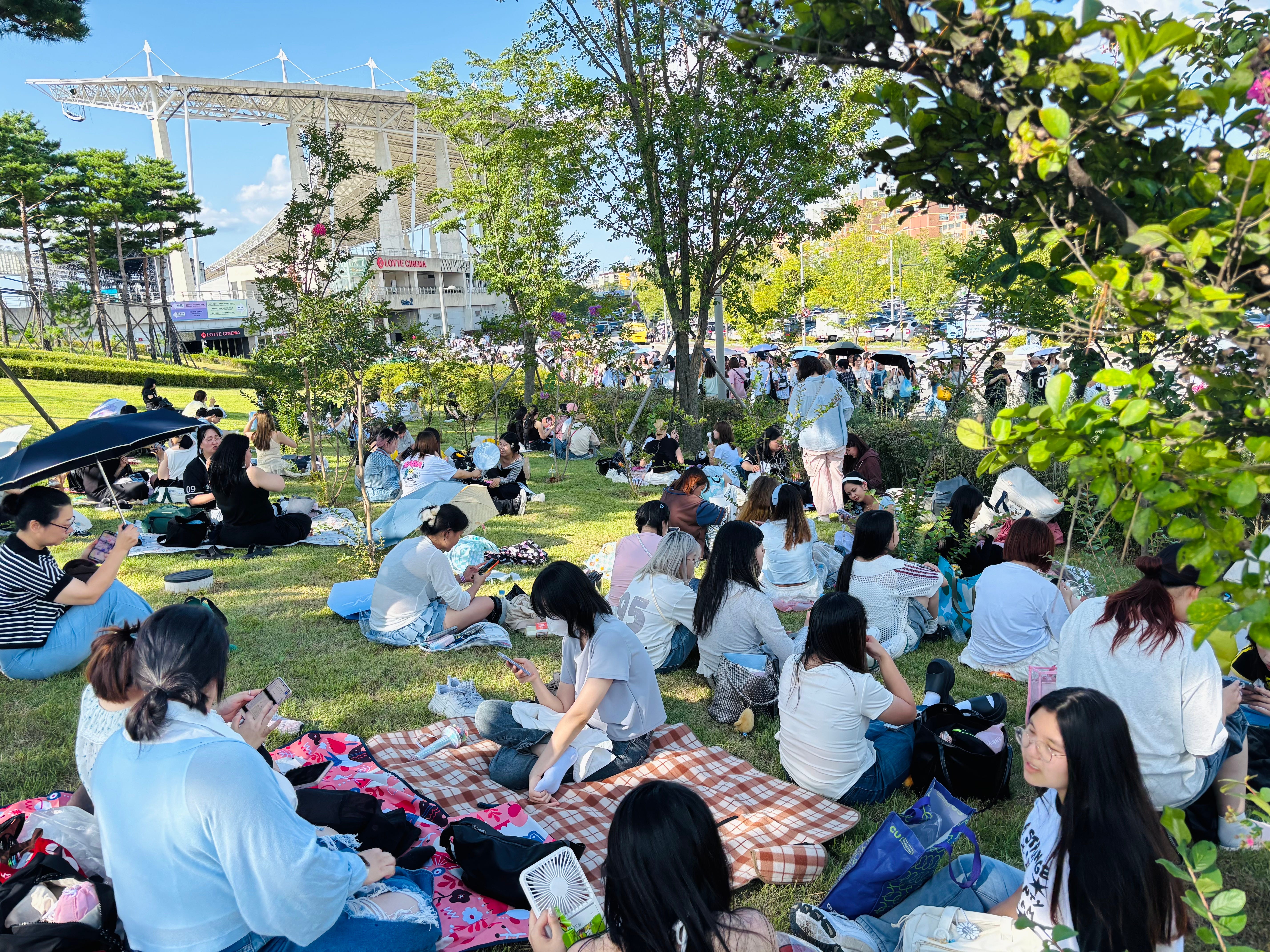 A crowd shot of a grassy area outside the Incheon stadium where Seventeen held their concert.