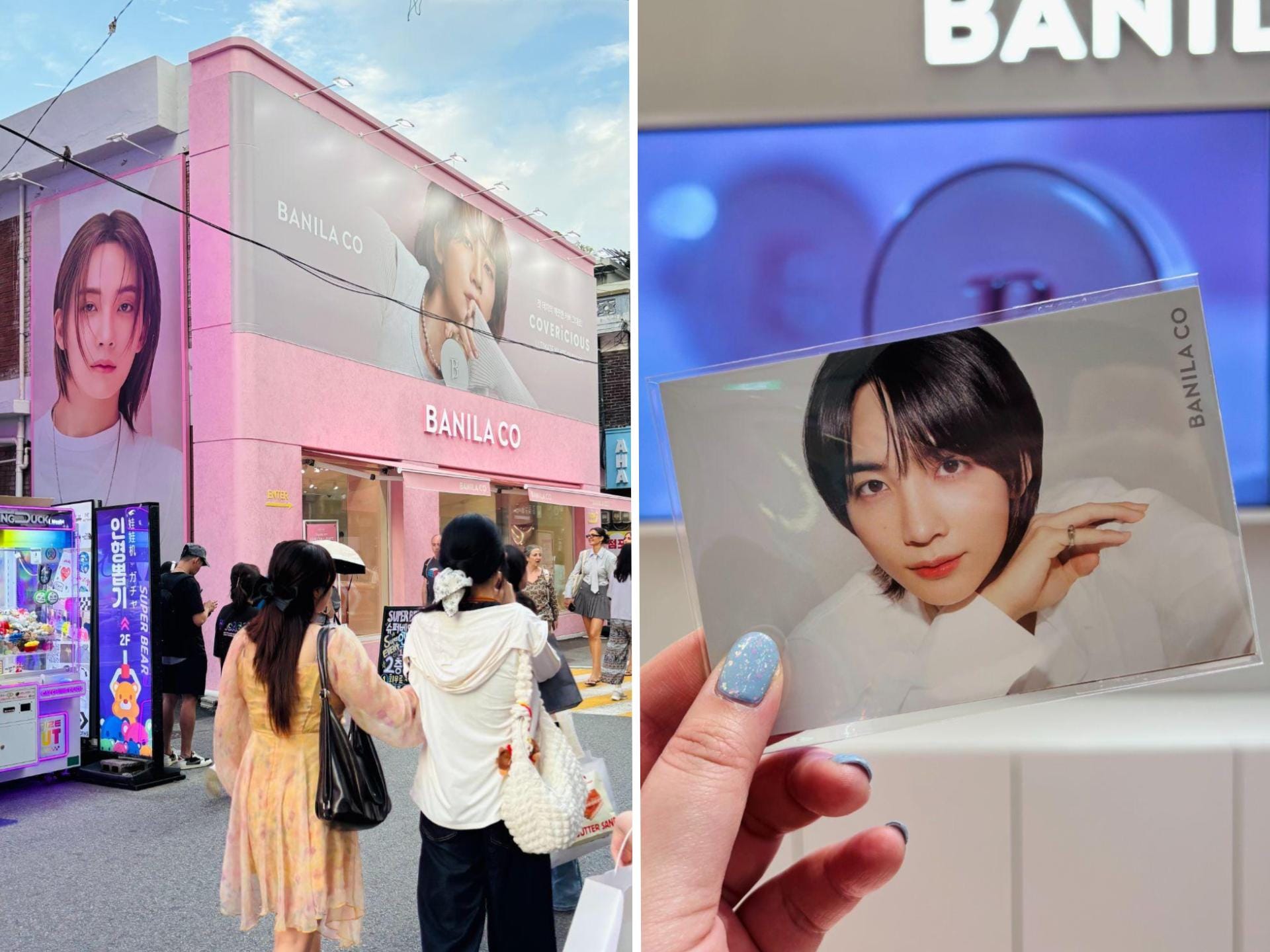 A composite image of a Banila Co. storefront in Seongsu, Korea (left). The image on the right is an image of a photocard with Seventeen member Jeonghan on it.