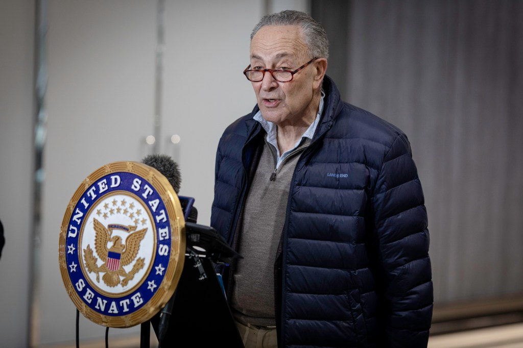 Senate Majority Leader Chuck Schumer speaking at a press conference.