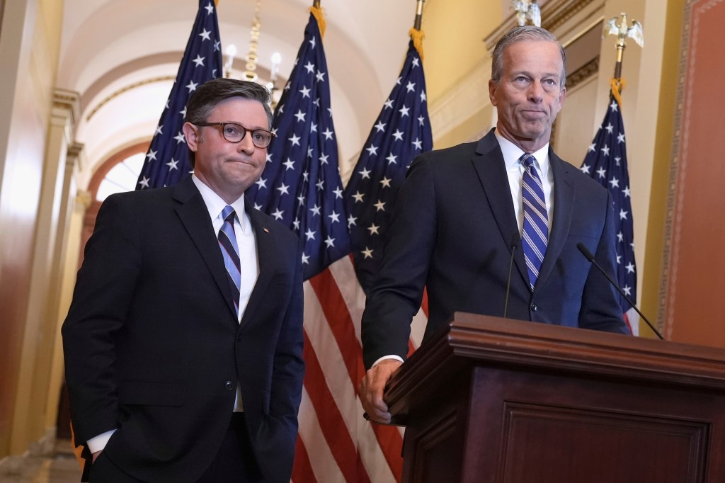 Speaker of the House Mike Johnson and Senate Majority Leader John Thune making statements at a press conference.