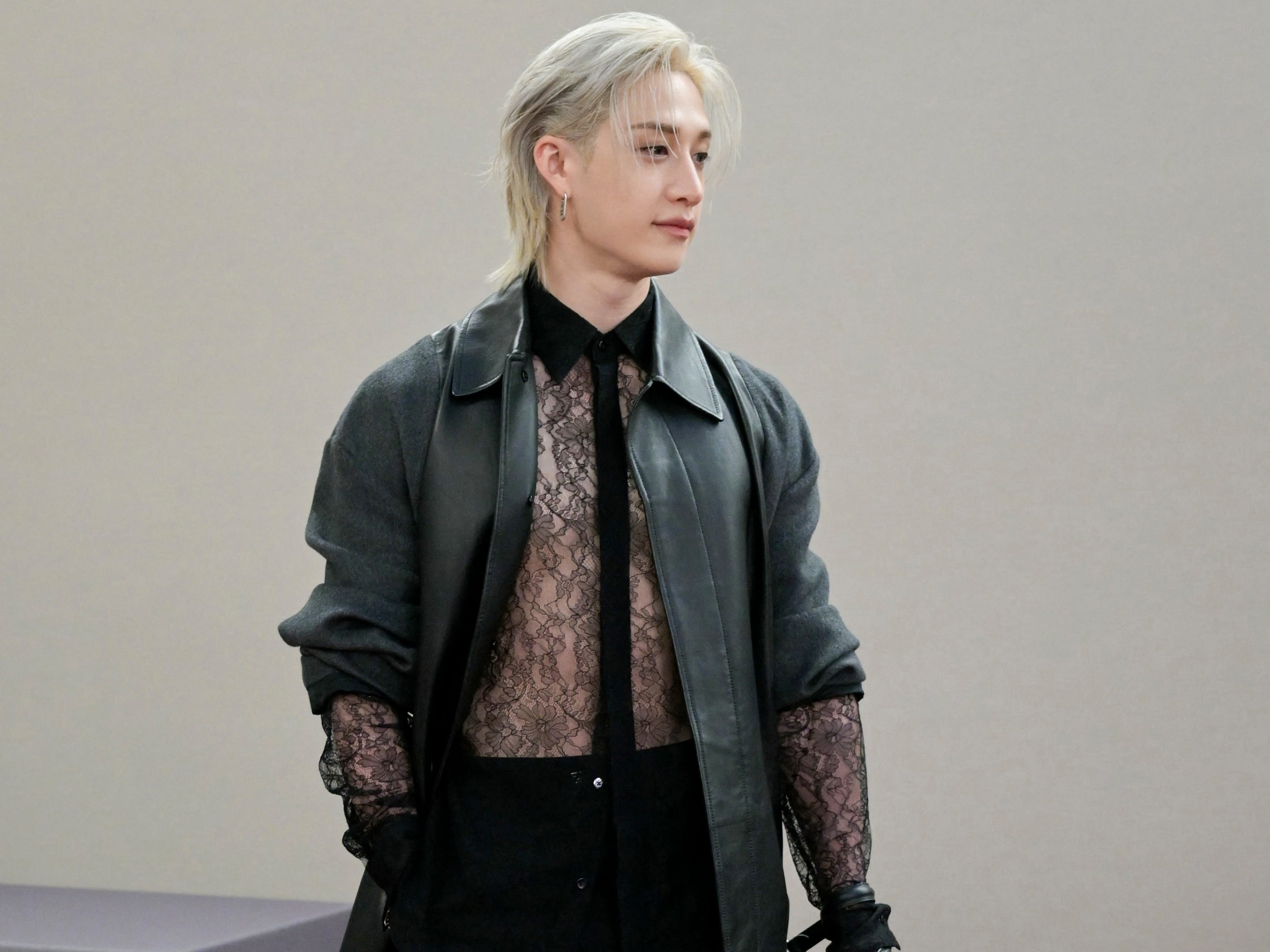 Bang Chan, leader of the South Korean boys band Stray Kids, poses before the Fendi show during Milan's Fashion Week Womenswear Spring / Summer 2026