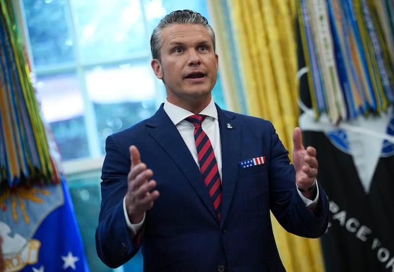 Pete Hegseth speaks during a press conference in the Oval Office of the White House on September 05, 2025 in Washington, DC.