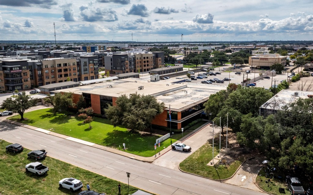 Drone view of the ICE field office in Dallas after a deadly shooting.