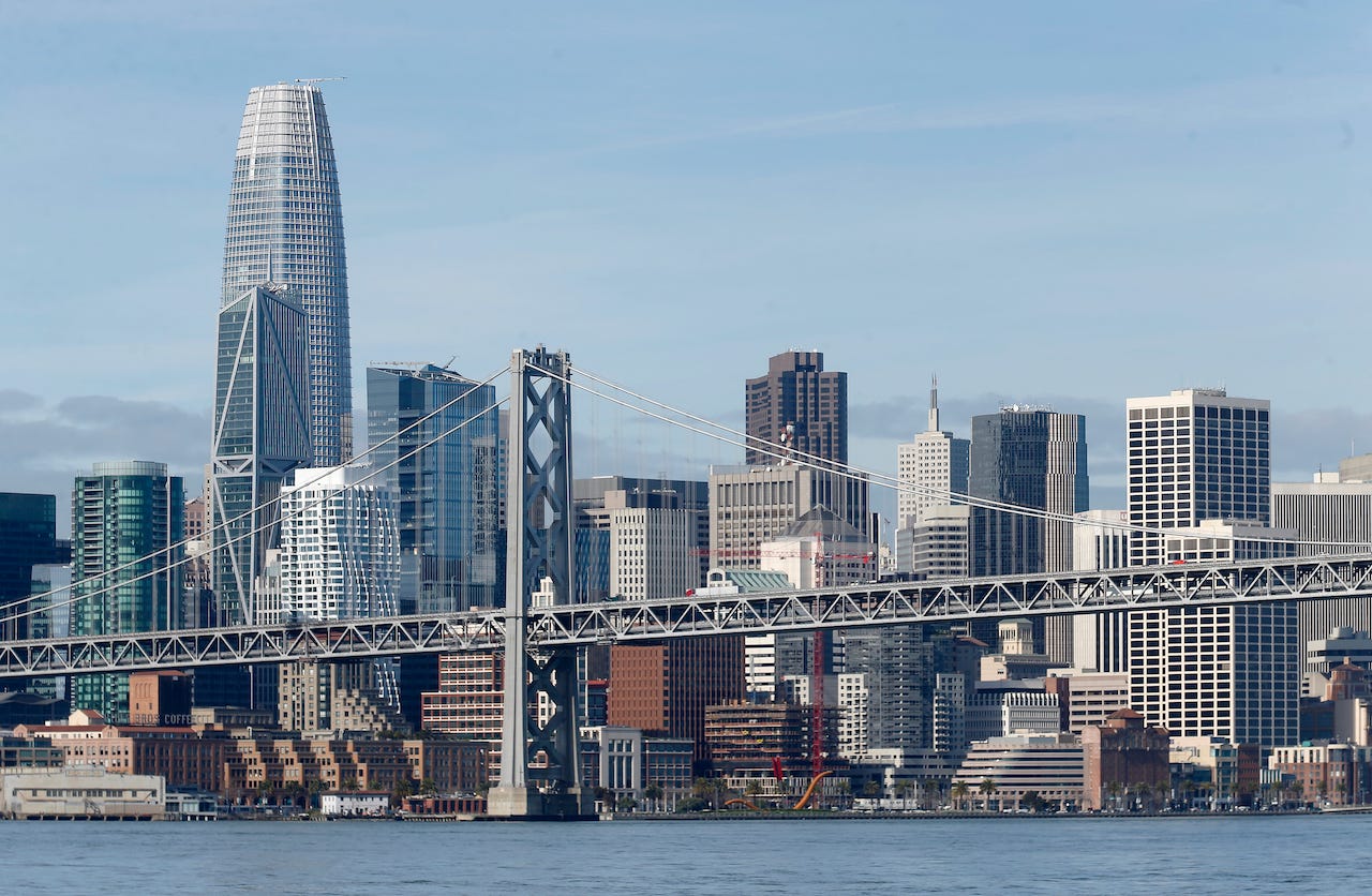 The Bay Bridge and the San Francisco skyline including the Salesforce Tower are seen in this view from the bay on Monday, March 9, 2020.