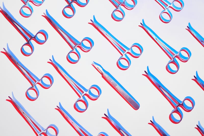 Surgical instruments as photographic illustration with stereoscopic effect.