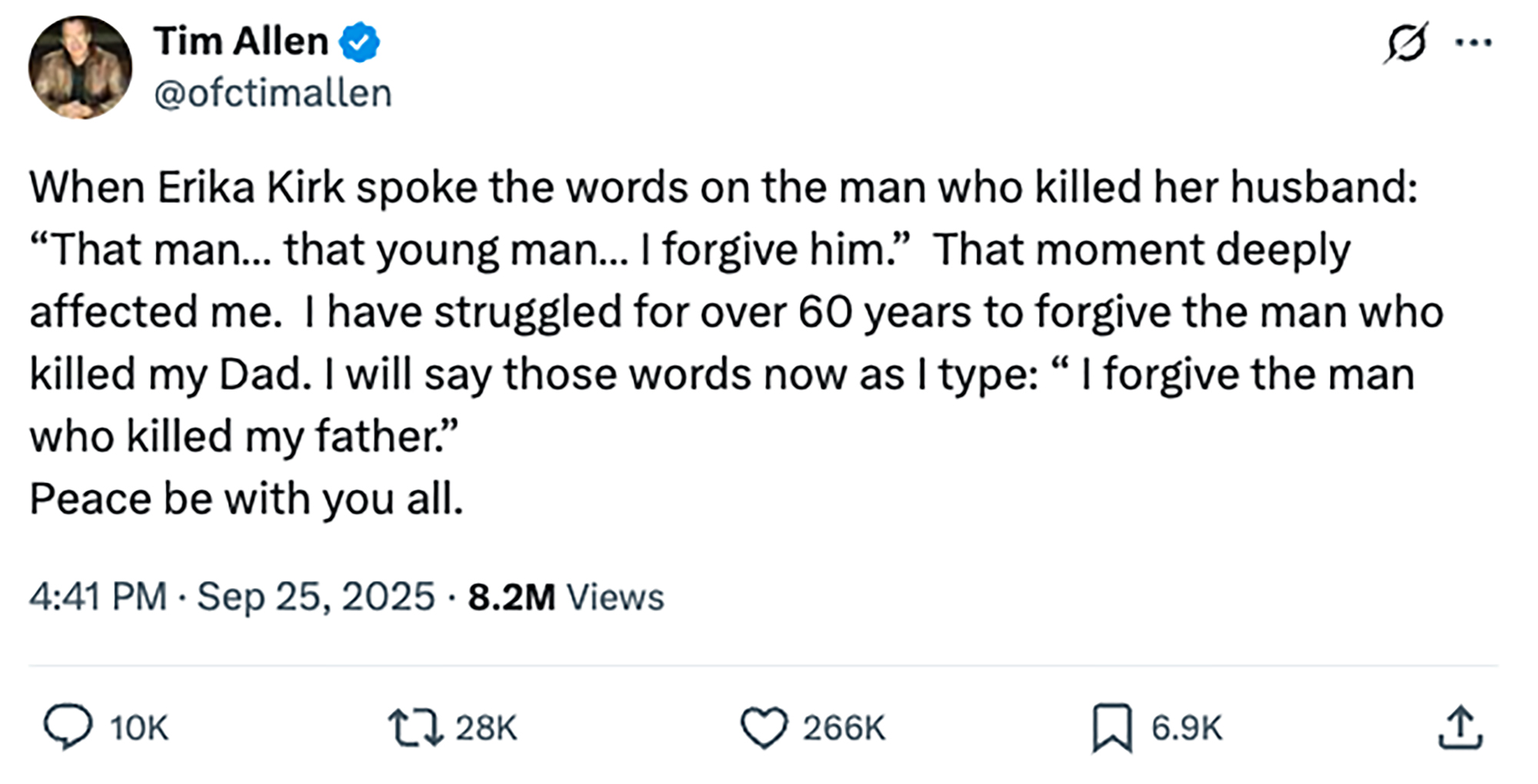 Tim Allen's tweet in September 2025